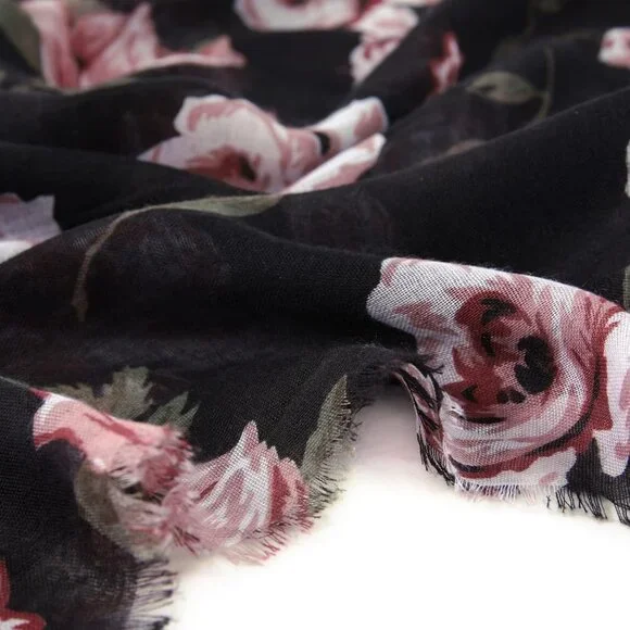 Women Black Fashion Flowers Print Scarves Winter Head Shawl Cotton Wrap - Picture 8 of 9